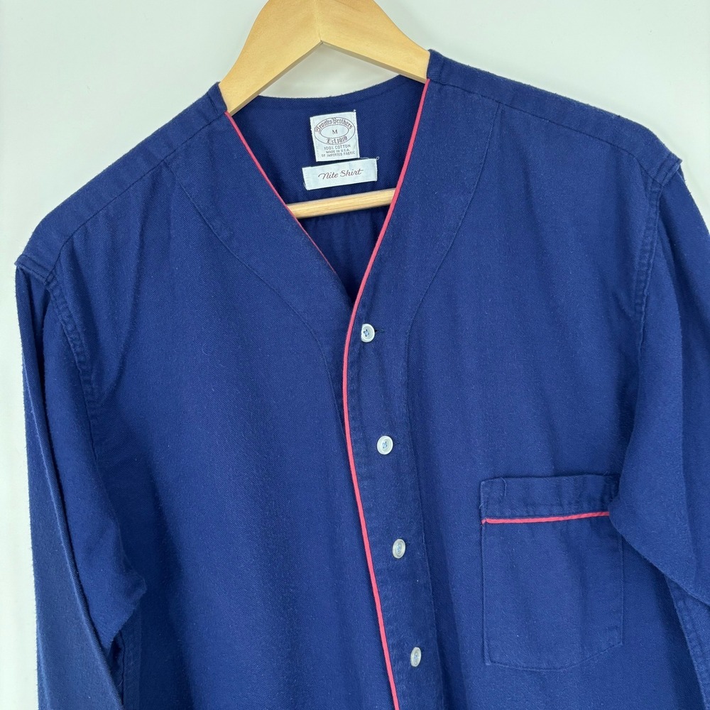 Vintage Brooks Brothers Nite Shirt Mens M Blue Cotton Flannel Nightgown USA Made